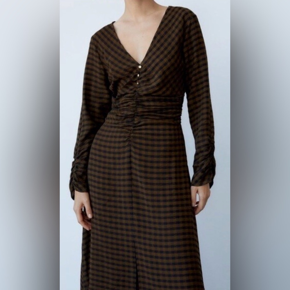 Zara Long Sleeve Brown Plaid Ruched Waist Dress